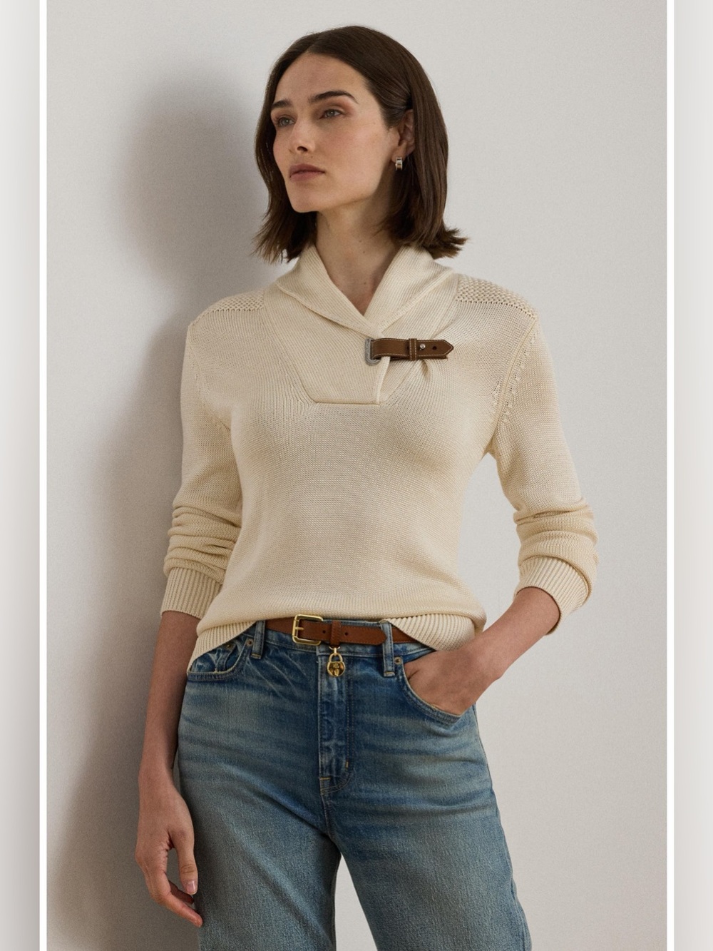 Lauren Ralph Lauren Buckle Shawl Collar Cotton Blend Sweater size M